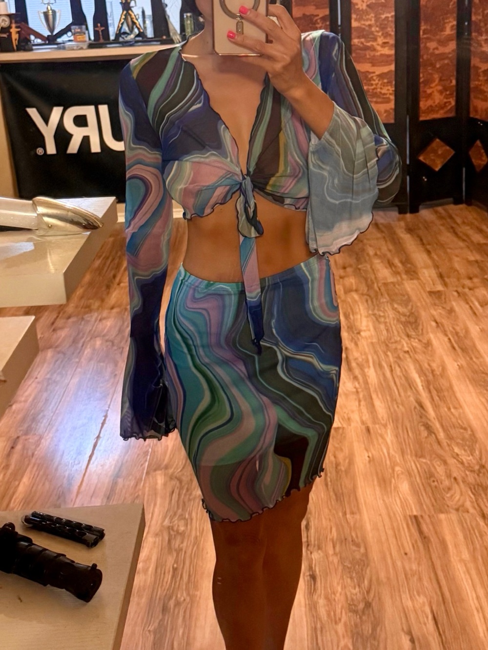 Tied Sheer Two-Piece Set in Multicolor Swirl